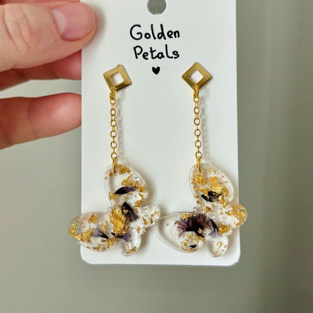 Butterfly Resin Dangle Earrings with Real Flowers and Gold Flakes